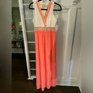 Flying tomatoes maxi dress coral and ivory lace Criss cross front size small